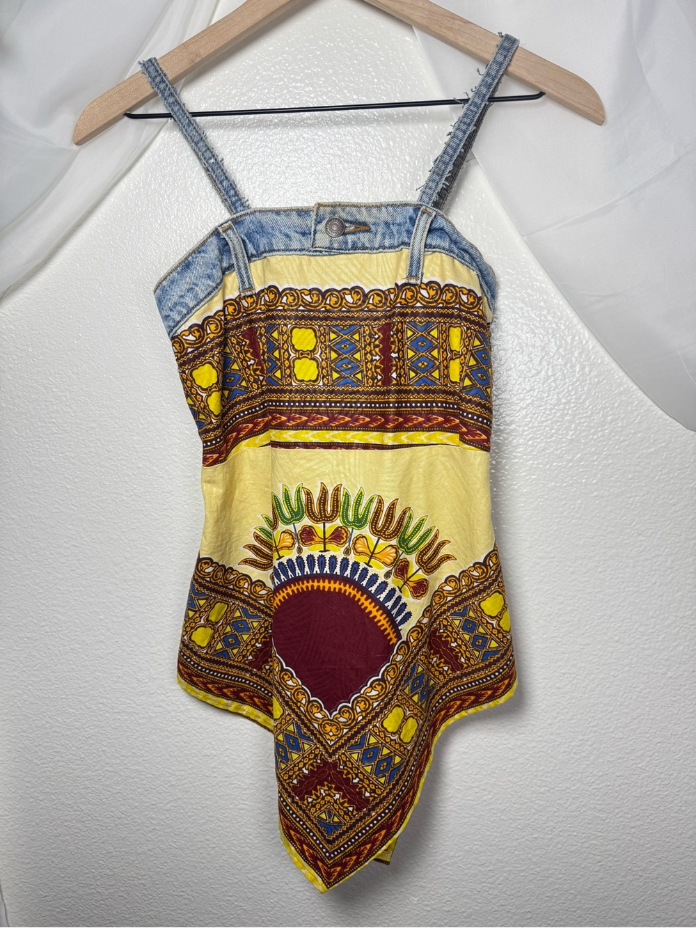 Upcycled Denim and Batik Print Spaghetti Strap Asymmetrical Cami Top